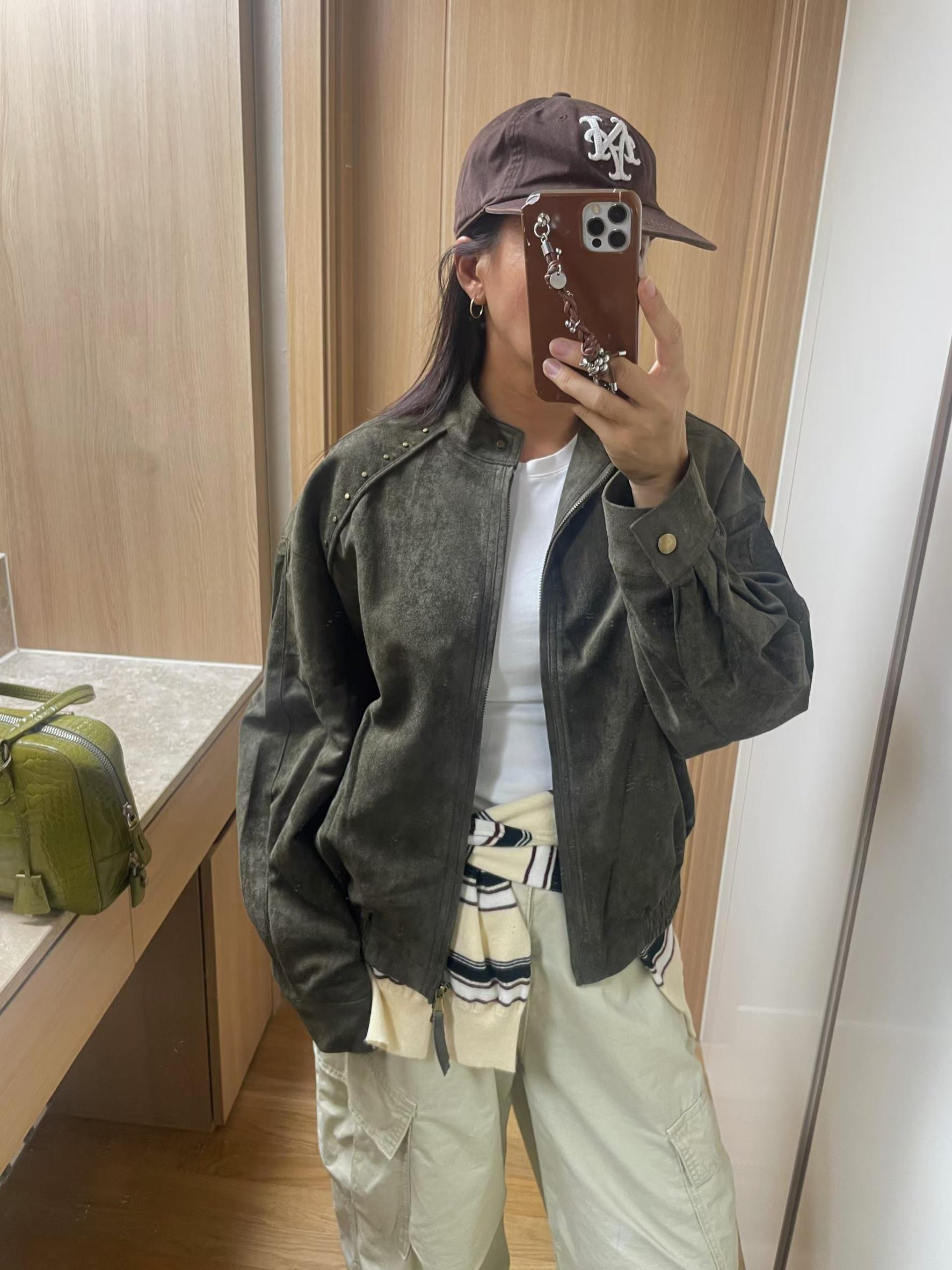 雙拉鍊鉚釘麂皮外套